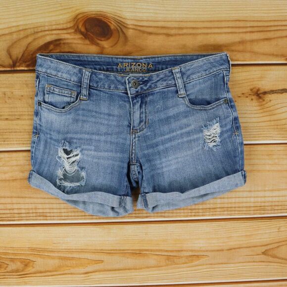 Arizona Jean Co. Jean Shorts Stretch Distressed Cuffed Juniors Size 3 Blue Denim - Picture 1 of 6